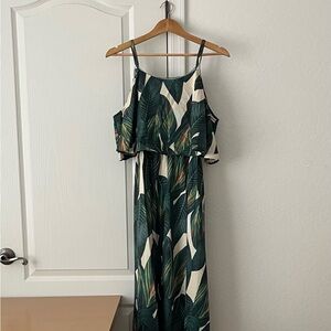 SHEIN Vacay Tropical Print cold shoulder ruffle detail dress